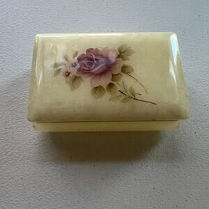 Vtg Hand Carved Alabaster Hinged Lidded Jewelry Trinket Box Pink Flowers Italy